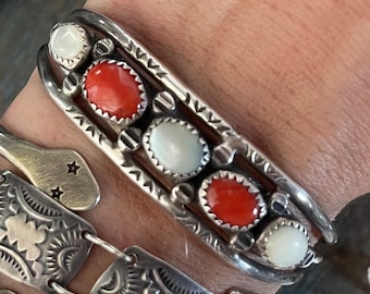 Vintage Navajo Coral & Mother of Pearl Cuff | Sterling Silver Row Bracelet | Hand Stamped Southwest Jewelry | Twisted Rope Design | stacker