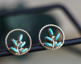 Vintage Zuni Turquoise needlepoint cluster Earrings Native American Sterling Silver Petit point Turquoise Post Earrings early Zuni earrings