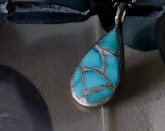 Vintage Zuni Turquoise Inlay Teardrop Pendant Necklace • Sterling Silver Southwest Jewelry • Channel Inlay Fish Scale Design • mid century