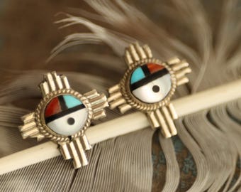 Vintage Zuni Sunface Earrings | Sterling Silver Inlay Studs | Turquoise Coral Jet Shell | Native American Zia Symbol Post Earrings | Multi