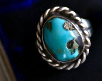 Vintage Navajo Turquoise Ring | 1960s Sterling Silver Statement | Domed Blue Turquoise with Twisted Rope Frame | Old Pawn Boho Jewelry | 6