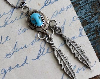 Vintage Navajo Turquoise Silver Feather Pendant necklace Southwestern Native American Sterling silver Morenci turquoise feather necklace