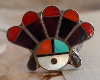 Gorgeous multicolor Vintage Sterling Silver Native American Southwestern Zuni Multi-Stone Inlay Sunface God Ring Sz 3.5