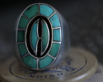 Vintage Zuni EQ Ellen Quam Quandelacy turquoise channel inlay ring sz 10 old pawn heavy sterling silver artisan statement unisex ring