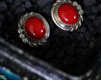 Vintage Navajo Red Coral Sterling Silver Stud Earrings • Boho Minimalist Southwest Jewelry • Twisted Rope Appliqué • Marked Sterling