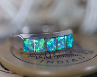 Vintage Zuni Sterling Silver Channel Inlay Fire Opal Ring | Blue Green Fire Inlay Band | Size 9.5 Unisex Native American Statement Ring