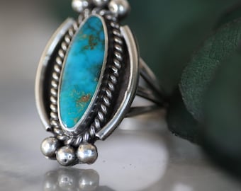 Vintage Fred Harvey Era Navajo Turquoise Ring | Elongated Navette Shape | Sterling Silver Split Shank | Size 7 Southwest Boho Gem