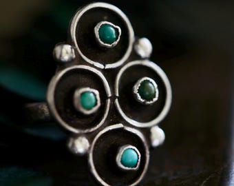 Zuni Shadowbox Turquoise Ring | Early Fred Harvey Era Old Pawn Silver | Snake Eye Statement | Vintage Southwest Collector Jewelry