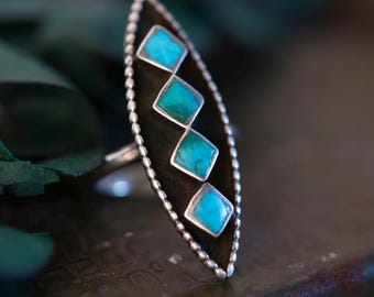 Old Pawn 40s Zuni Shadowbox Turquoise Inlay Ring | Vintage Elongated Diamond Navette | Sterling Silver Statement Ring | Size 6.5
