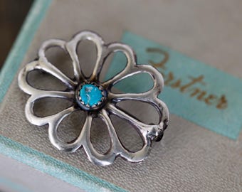 Vintage Navajo Sandcast Sterling Silver Turquoise Brooch | 1940s Flower Pin | Old Pawn Native American Jewelry | Fred Harvey Era | Gift