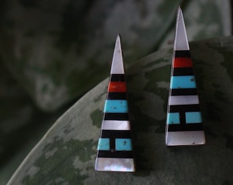 Vintage multicolor Zuni Multi Stone Inlay Earrings Native American Sterling Silver Multi Stone Mosaic Triangular Modernist Post Earrings