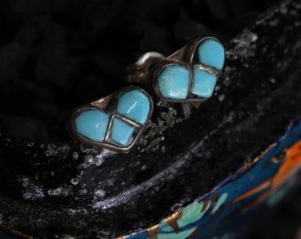 Beautiful Vintage Native American Zuni Sterling Petit Point Turquoise Heart Post Earrings