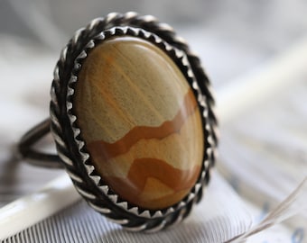 Vintage Navajo Desert Agate Ring Sterling Silver Landscape Jasper Native American Ring Twisted Rope picture jasper Ring Sz 7.75