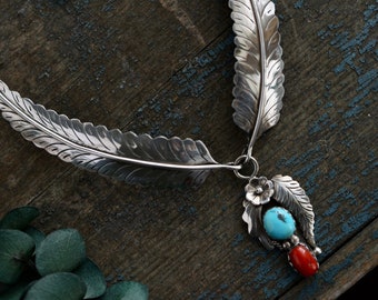 Vintage Navajo Sterling Silver Hand Stamped Sleeping Beauty Turquoise and coral Winged Feather Blossom Bib Native American Necklace