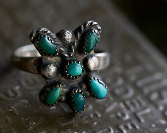 Vintage Zuni turquoise petit point butterfly ring Fred  Harvey Era Zuni Sterling Silver snake eye turquoise native American ring sz 7