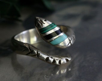 Vintage Sterling snake ring turquoise inlay Snake Ring Sterling Silver snake ring malachite heavy snake Ring onyx Southwestern Ring sz 9.5