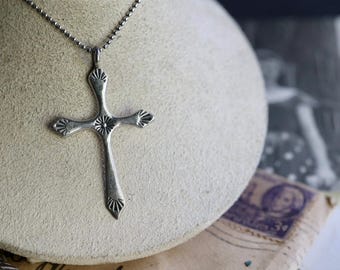 Vintage Navajo Cross pendant necklace Native American Sterling Silver Navajo Hand Stamped Southwestern Cross Pendant Necklace