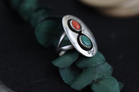Vintage Navajo Turquoise coral Shadowbox Ring Nat… - image 10