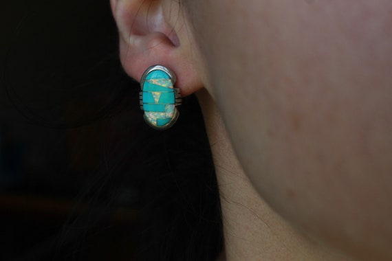 Vintage Zuni Turquoise and Opal Mosaic Inlay  Ear… - image 10