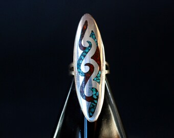 Beautiful Huge Old Pawn Vintage Navajo Elongated Turquoise and Coral Chip Flush inlay ring sz 6