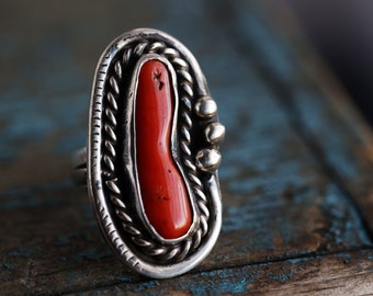 Vintage Large Navajo Red Coral Ring Vintage Red Coral Ring Sterling Silver Native American Elongated Coral southwestern Ring Sz 5.5