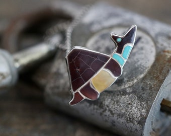 Vintage Zuni Multi Stone inlay Tortoise Pendant Necklace Native American Turtle Pin Pendant Brooch on 16” Sterling Silver Etsate Necklace