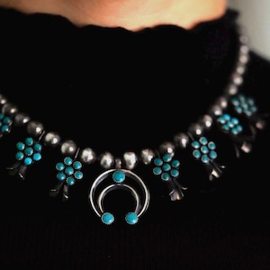 Vintage Turquoise Squash Blossom Necklace | Zuni Sterling Silver Statement | Fred Harvey Era Boho Southwest Jewelry | Snake Eye Cluster