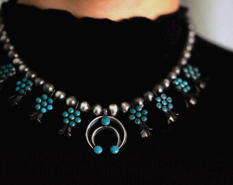 Vintage Turquoise Squash Blossom Necklace | Zuni Sterling Silver Statement | Fred Harvey Era Boho Southwest Jewelry | Snake Eye Cluster