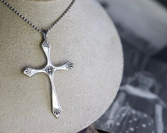 Vintage Navajo Cross pendant necklace Native American Sterling Silver Navajo Hand Stamped Southwestern Cross Pendant Necklace