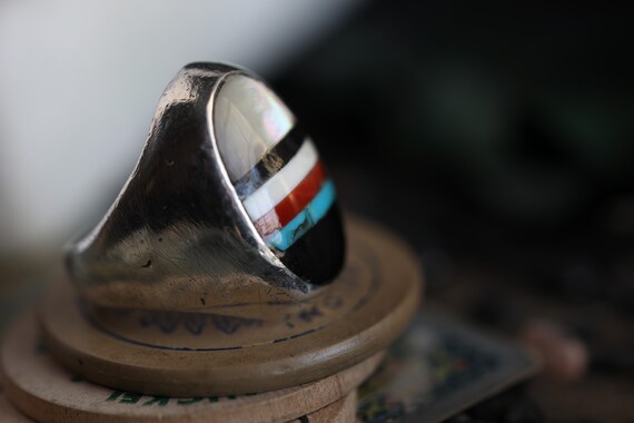 Old Pawn Heavy Zuni Mosaic inlay multi stone ring… - image 8