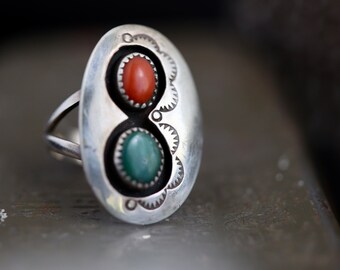 Vintage Navajo Turquoise coral Shadowbox Ring Native American Sterling Silver Double stone turquoise hand stamped puffy Shadowbox ring 7.5