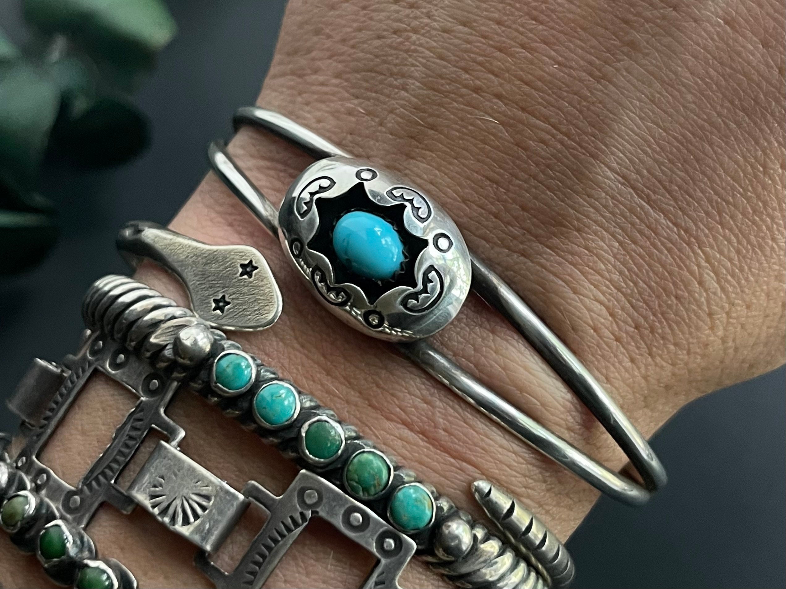 Bell Trading Turquoise Bracelet Cuff Vintage Native American Old Pawn  Trading Post Era Stamped Sterling Silver Band Three Stone Safety Chain