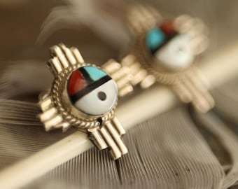 Vintage Zuni Sunface Earrings | Sterling Silver Inlay Studs | Turquoise Coral Jet Shell | Native American Zia Symbol Post Earrings | Multi