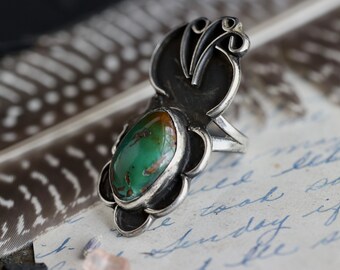 Vintage Navajo Royston Turquoise Ring Large Southwestern Early Native American Elongated Sterling Silver Turquoise Flower Ring Sz 6.5