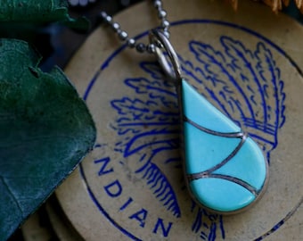 Vintage Zuni onyx + turquoise double sided Channel Inlay Teardrop Pendant Sterling Silver Necklace Zuni turquoise necklace