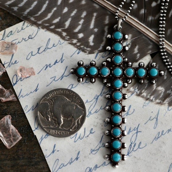 Huge Old Pawn Fred Harvey Era Zuni Snake Eye Turquoise Cross Pendant Necklace Native American Vintage Zuni Turquoise petit Point cross