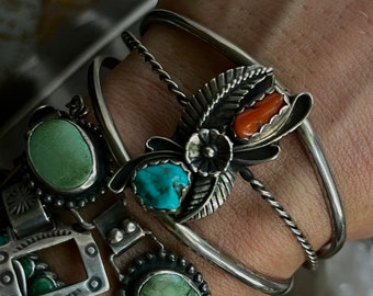 Vintage Navajo Turquoise and Coral squash blossom Feather Cuff Native American Sterling silver bracelet red coral Turquoise Cuff Bracelet
