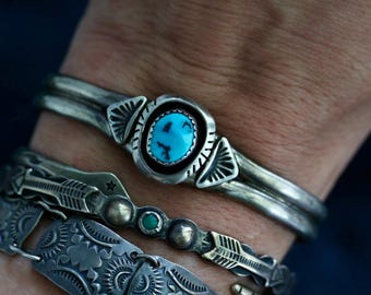 Turquoise Bracelet Vintage Navajo Turquoise Cuff Shadowbox cuff Vtg sterling silver Hand Stamped Native American Cuff Turquoise silver cuff