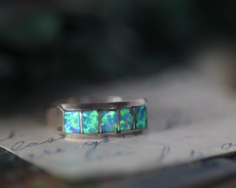 Vintage Zuni Sterling Silver Channel Inlay Fire Opal Ring | Blue Green Fire Inlay Band | Size 9.5 Unisex Native American Statement Ring