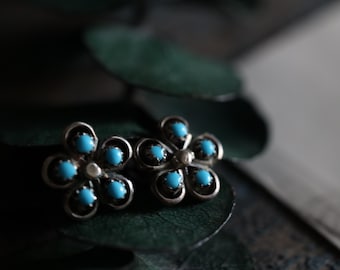Vintage Zuni Earrings | Snake Eye Turquoise & Flower Cluster | Sterling Silver Studs | Native American Petit Point Jewelry | Turquoise Studs