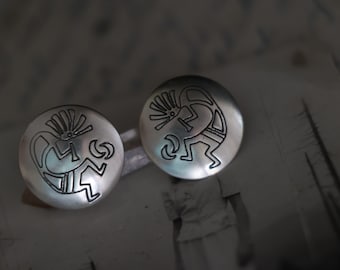Vintage Navajo Kokopelli Earrings | Sterling Silver Southwest Studs | Hand Stamped Concho Jewelry | Native American Silver Earrings Conchos