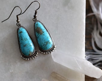 Vintage Navajo Waterweb Turquoise Earrings | Sterling Silver Slab Cut Dangles | 1970s Boho Southwest Jewelry | Statement Earrings | chic