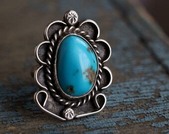 Vintage Navajo Turquoise Ring Kingman Turquoise Silver beaded Ring Large Sterling Silver Turquoise Ring Native American Turquoise Ring 6.5