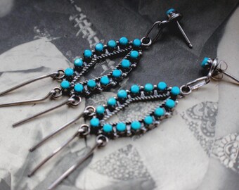 Large Vintage Zuni Turquoise Snake eye Chandelier Dangle Fringe Earrings Native American Sterling Silver Petit point Turquoise Earrings
