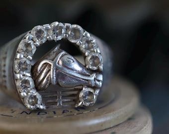 Vintage Sterling Silver Horse Head Horseshoe Ring | CZ Statement Biker Rodeo Ring | Rockabilly Western Jewelry | Size 12 Unisex | Mens Ring