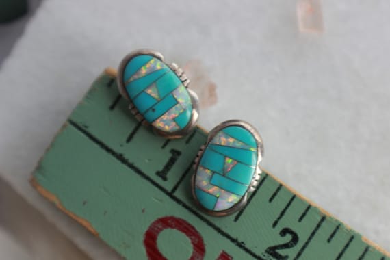 Vintage Zuni Turquoise and Opal Mosaic Inlay  Ear… - image 6
