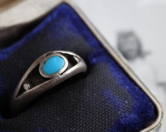 Vintage Navajo Turquoise Inlay Ring Early Old Pawn Native American Flush inlay turquoise Sterling Silver Turquoise Shadowbox ring sz 7