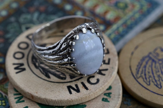 Vintage Sterling Blue Lace Agate Ring Brutalist c… - image 3