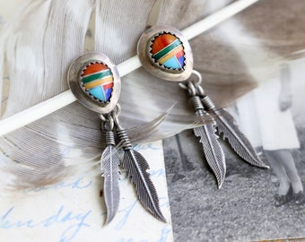 Vintage Native American Zuni Multi Stone Inlay dream catcher earrings Zuni southwest Sterling Silver Multi color feather dangle earrings