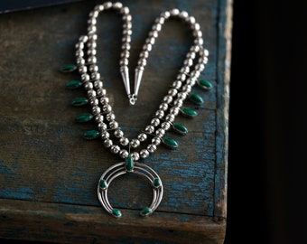 Vintage Navajo Squash Blossom Necklace green malachite Native American squash blossom Necklace malachite squash blossom